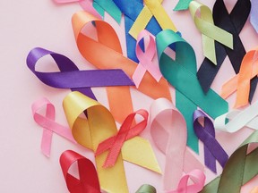 colourful ribbons on pink background, cancer awareness, World cancer day
