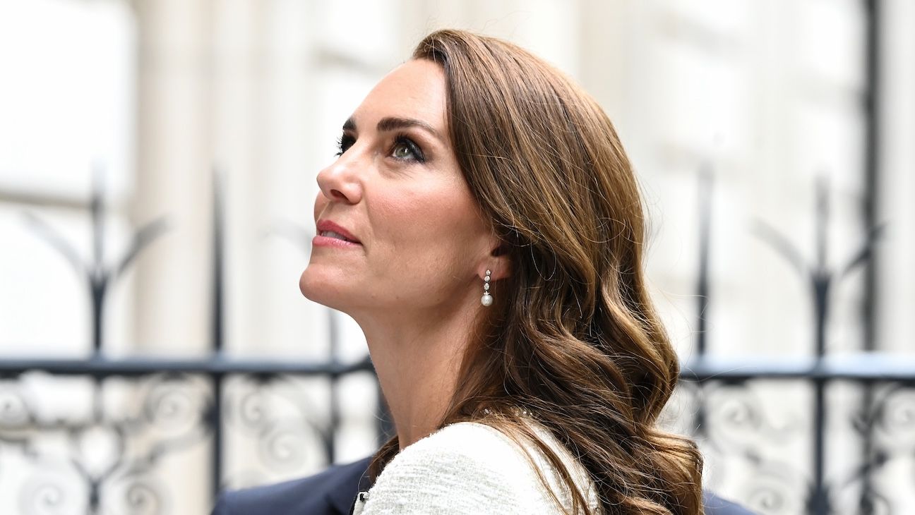 Princess of Wales Kate Middleton looks up as she attends the reopening of the National Portrait Gallery on June 20, 2023 in London, England.