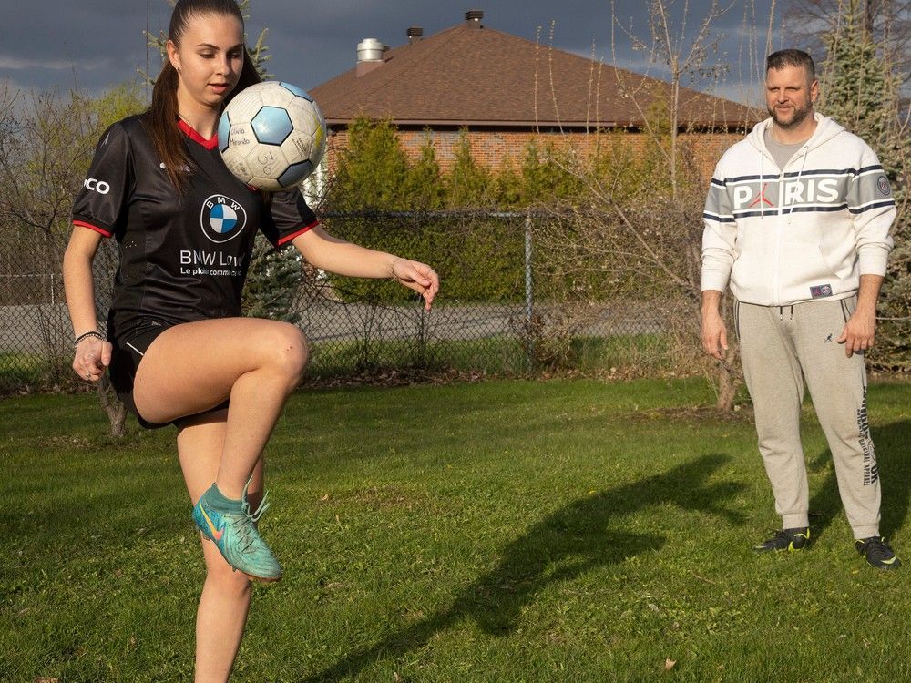 Olivia and dad Roberto Miranda play soccer near their Laval home. It took Olivia about a year after spinal surgery to correct scoliosis to regain what she had lost.