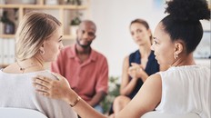 Psychology, mental health and support with a woman in counseling for help with depression and anxiety with a psychologist she can trust. Communication, community and counselor with a sad patient