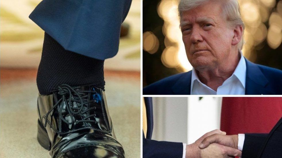 (clockwise from top right) trump speaks to reporters on june 24, 2025 in washington, dc. discolouration seen on trump's hand in washington, dc, on july 16, 2025. the swollen foot of trump pictured on july 16, 2025, in washington.