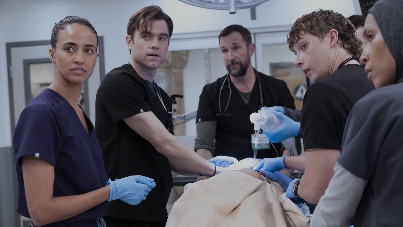 From Left to right: Alexandra Metz, Patrick Ball, Noah Wyle, Gerran Howell and Amielynn Abellera all play different doctors and nurses on HOB's hit show, The Pitt.