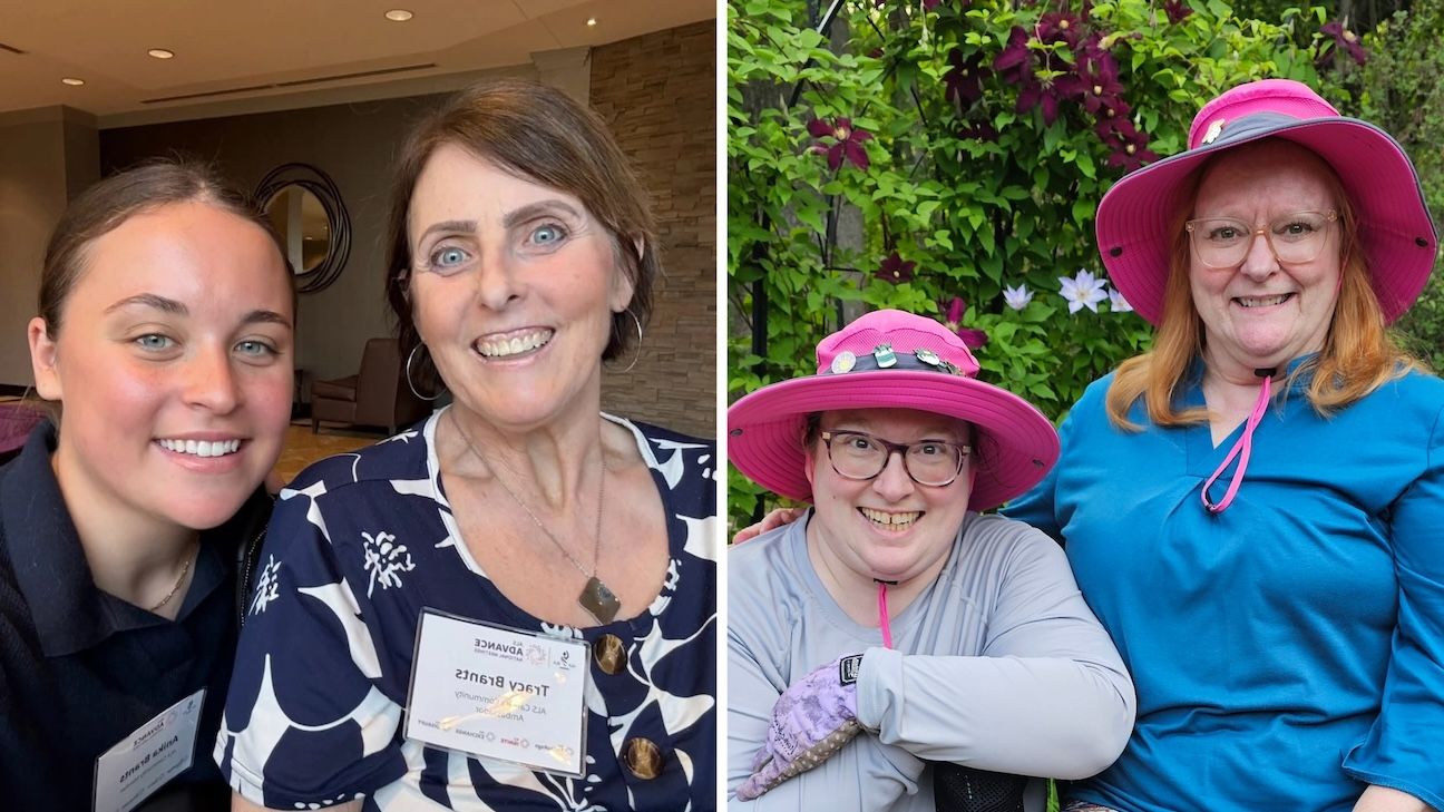 Tracy Brants and her daughter, Anika (left), and Pam Skinner, with her daughter, Rachel (right). Both Pam and Tracy are now retired and navigating life with ALS.