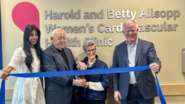 dr. roopinder sandhu, harold and betty allsopp, and paul rossmann (left to right) cut the ribbon at the harold and betty allsopp women's cardiovascular health clinic at south health campus in calgary.