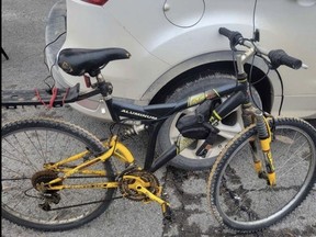 A black and yellow Tech Team mountain Bike which was recently stolen outside of a Dundas Street West business Tuesday evening. Submitted