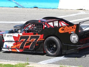 Chad Strawn (No. 77) started his year in fine style taking the Ontario Modifieds Racing Series, presented by GEN-3 Electrical win Saturday, May 28th at Peterborough Speedway. JIM CLARKE PHOTO