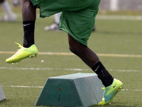 Demetruis Crawford has drawn attention with his bright shoes at rookie camp (Bryan Schlosser/ Regina Leader-Post.)