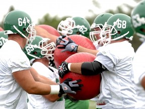 Don Healy caught the Riders offensive line running through drills recently at training camp (Don Healy/Leader-Post)