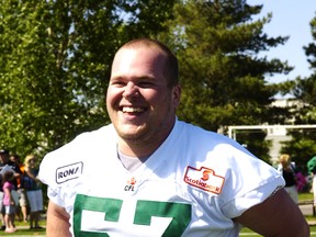 Brendon LaBatte's status lit up Twitter when he was carted off the field during Monday's practice (Michael Bell/Leader-Post)