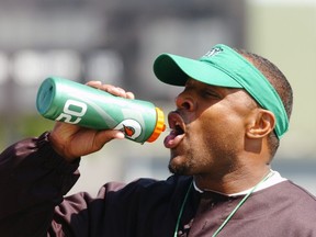 Even head coach Corey Chamblin was keeping hydrated on Monday (Don Healy/Leader-Post)