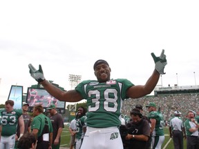 Tristan Jackson was all smiles after Saturday's win over the Lions (Michael Bell/Regina Leader-Post)