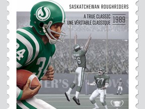 The Saskatchewan Roughriders stamp was revealed on Monday