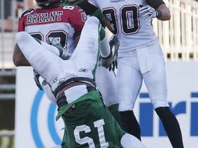 Here's a neat picture of Milt Collins (15) after the Stampeders scored on a two-point conversion on Sunday (THE CANADIAN PRESS/Liam Richards)