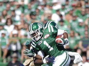Kory Sheets rushed for 106 yards on 19 carries in Sunday's romp over the Blue Bombers (Michael Bell/Leader-Post)
