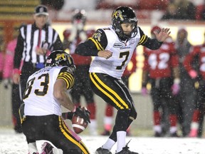 A malfunction at the field-goal junction between Andy Fantuz (83) and Luca Congi helped the Riders clinch a playoff berth on Saturday (Ted Rhodes/Calgary Herald)