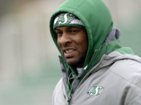 Head coach Corey Chamblin was ready for the cold conditions at Riders practice (BRYAN SCHLOSSER/The Leader-Post)