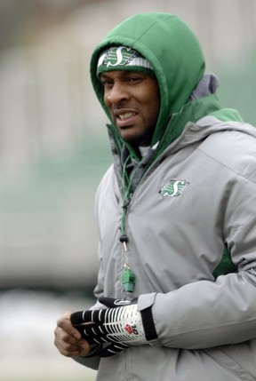 Head coach Corey Chamblin was ready for the cold conditions at Riders practice (BRYAN SCHLOSSER/The Leader-Post)