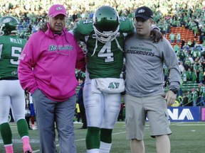 Darian Durant (4) was fine on Tuesday after being helped off the field on Saturday (MICHAEL BELL/The Leader-Post)