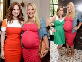 Actress Busy Philipps (right) wears the Isabella Oliver Ruched Maternity Tank Dress, showing off her baby bump. ISABELLA OLIVER photo