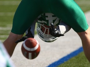 Long-snapper Cory Hucklak delivers during training camp (Gord Waldner/ StarPhoenix)