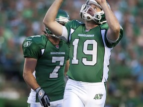 Things have been looking up all season for Riders' kicker Chris Milo (19) (THE CANADIAN PRESS/Liam Richards)