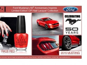 OPI has nailed the iconic Ford Mustang red, in honour of the Mustang's 50th anniversary. OPI/FORD photo