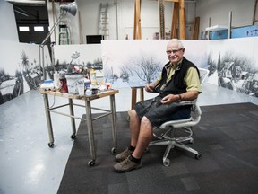 A new exhibition at the MacKenzie Art Gallery, which opens to the public Sept. 27, features a retrospective of the work of Wilf Perreault, one of Saskatchewan's most celebrated painters. Perreault is shown here in his studio. Photo by Don Hall.