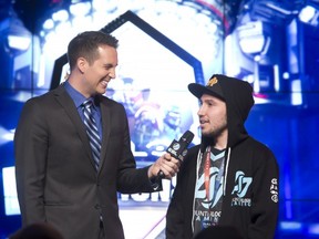 Mathew Fiorante (right)  on stage at the Halo Championship series finals, which took place in Burbank, Calif. on July 26. (Photo courtesy ESL)