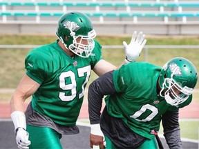 John Chick (97) and Alex Hall (0) are together again with the Riders.