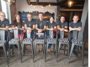 7Shifts staff members at their new office in Saskatoon on August 4, 2015. Left to right: Johannes Lindenbaum, Martina Nagy, Nick Day, Jordan Boesch, Andree Carpentier, Anthony Haid and Ryan Padget. The tech company is based out of Regina and makes scheduling apps for restaurants.