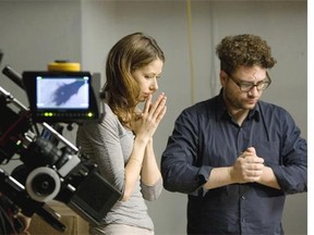 Actress Amanda Crew and director Robert Cuffley discuss shot for movie Ferocious, being filmed locally Wednesday, November 30, 2011.