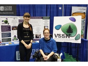 Angela Tremka, VSSN practicum student, and Bryan Smith, VSSN volunteer, at the Neil Squire Job Fair at the University of Regina on April 9, 2015. Submitted photo.