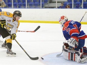 Brandon Wheat Kings forward Braylon Shmyr, 22, misses an opportunity to score on Regina Pats goalie Daniel Wapple during WHL pre-season action at the Co-operators Centre on Saturday.