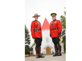 Cadet Andrew Michael Wood, left, and his father Insp. Robert Michael Wood at RMCP Depot Division in Regina on Friday. Andrew will be graduating on Monday and will become a 4th generation Wood RCMP officer.
