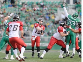 Calgary quarterback Bo Levi Mitchell, 19, threw three touchdown passes to lead his team to a 34-31 CFL victory over the Saskatchewan Roughriders on Saturday at Mosaic Stadium. 
  
 Michael Bell/The Leader-Post