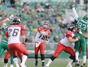 Calgary Stampeders quarterback Bo Levi Mitchell, shown throwing the ball Saturday at Mosaic Stadium, led an offence that made key plays at crucial stages against the winless Saskatchewan Roughriders.