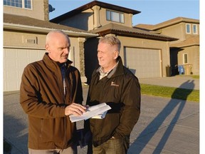 Candidate Trent Fraser (right) and campaign manager Kelly Gallagher canvasing the Regina-Lewvan riding on October 13, 2015.