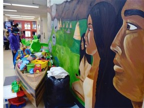 A canoe full of toys sits at the entrance of The Gathering Place in Regina on Sunday July 12, 2015.