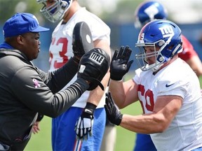 Centre Brett Jones (69), shown here during the New York Giants' rookie camp in May, is preparing to attend the Giants' main camp. 
  
 COURTESY THE NEW YORK GIANTS