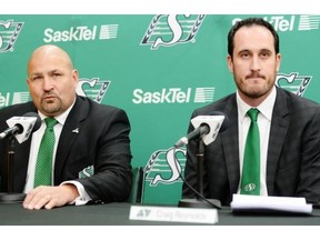 Chairman of the board Wayne Morsky, left, and president-CEO Craig Reynolds, shown in December, were front and centre at the Roughriders' annual general meeting on Wednesday. 
  
 Don Healy/Leader-Post files