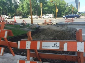 Construction on the southwest corner of the Victoria Avenue and Scarth Street intersection continued to be a hassle for Regina pedestrians on Friday.