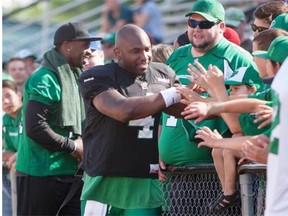 Darian Durant meets with fans at the Riders’ training camp in Saskatoon.