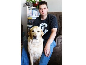 Douglas Rudolph, shown with his guide dog, Indy in Regina on June 23, 2015. Rudolph is a vision impaired person who is speaking out about the issue of petting and distracting guide dogs.   (DON HEALY/Regina, Leader-Post)