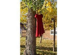 One of the red dresses hung up in Regina Beach instead of an election sign to symbolize missing and murdered indigenous women. (Submitted by Carol Daniels)