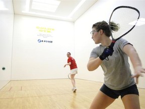 A file photo of Christine Richardson (right) from Regina playing against Valerie Fallu from Montreal during the under-18 years girls singles at the Canadian junior racquetball championships at Gold’s Gym in Regina on April 22, 2009.