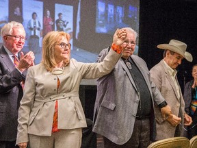 Former Prime Minister Joe Clark (from L) applauds as Dr. Marie Wilson, Justice Murray Sinclair and Chief Wilton Littlechild are introduced to the audience during the presentation of the report of the Truth and Reconciliation Commission at the Delta Hotel on Tuesday morning.  Assignment - 120803 Photo taken at 11:13 on June 2. (Wayne Cuddington / Ottawa Citizen) ORG XMIT: POS1506021327115718 ORG XMIT: POS1506021330160150 ORG XMIT: POS1506021404355737