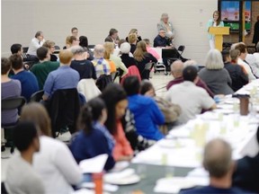 Frances Simonson, Green Party candidate for Regina-Wascana, speaks during the citywide food policy election forum at the Al Ritchie Centre in Regina on Monday. (TROY FLEECE/Regina Leader-Post)