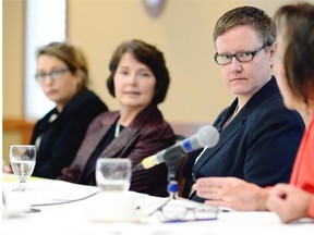From left: April Bourgeois, NDP candidate for Regina-Wascana; Cathay Wagantall, Conservative candidate for Yorkton-Melville; Tamela Friesen, Green Party candidate for Regina-Lewvan; and Della Anaquod, Liberal candidate for Regina-Qu’Appelle, take part in the Women’s Political Breakfast & Debate at the Travelodge Hotel in Regina on Sept. 21, 2015. (TROY FLEECE/Regina Leader-Post)
