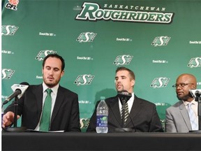 (From left) Saskatchewan Roughriders president and CEO Craig Reynolds, interim GM Jeremy O’Day and interim head coach Bob Dyce were on hand for Tuesday’s media gathering (DON HEALY/Regina Leader-Post)