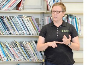 Green Party candidate Tamela Friesen talks with students at Davin School in Regina on Thursday.